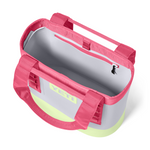 Open pink and light green Yeti tote bag viewed from above