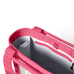 Interior view of an open pink tote bag with white lining and side pocket