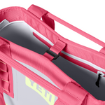 Top view of open pink Yeti tote bag with buckle closure