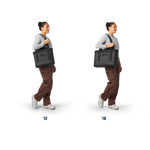 Studio photography by YETI featuring a woman modeling two sizes of the black Camino Carryall tote labeled 12 and 18, showcasing the bold YETI logo, brown cargo pants, and white sneakers against a solid black background