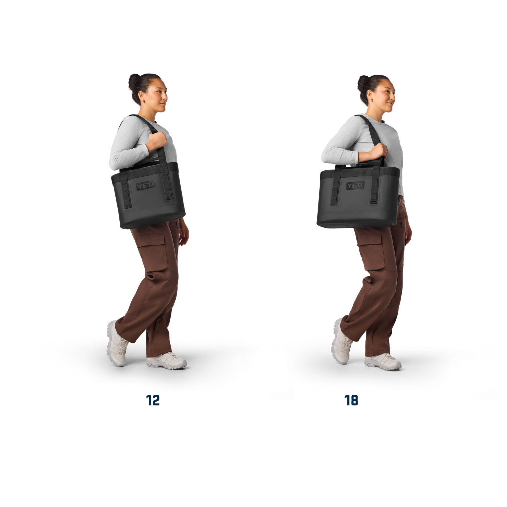 Studio photography by YETI featuring a woman modeling two sizes of the black Camino Carryall tote labeled 12 and 18, showcasing the bold YETI logo, brown cargo pants, and white sneakers against a solid black background