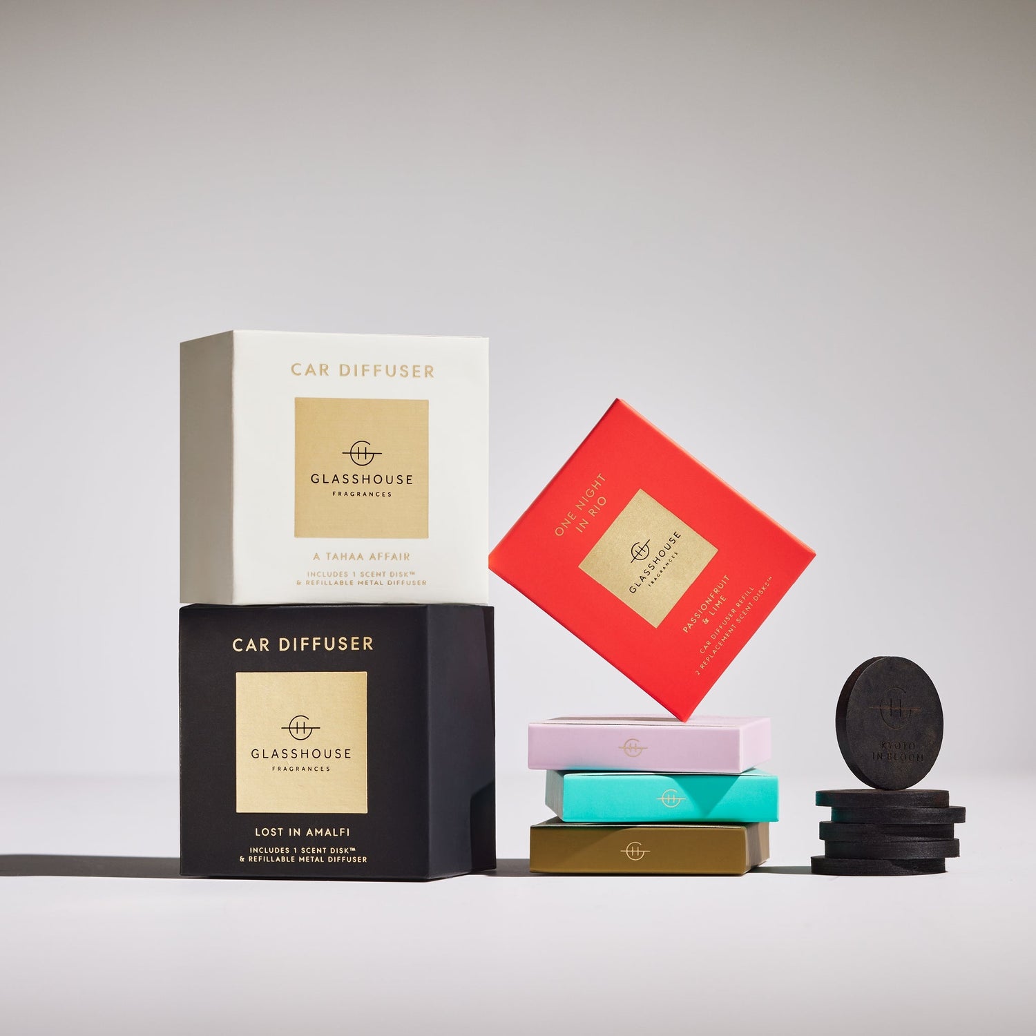 Glasshouse Fragrances car diffuser boxes and scent disk refills