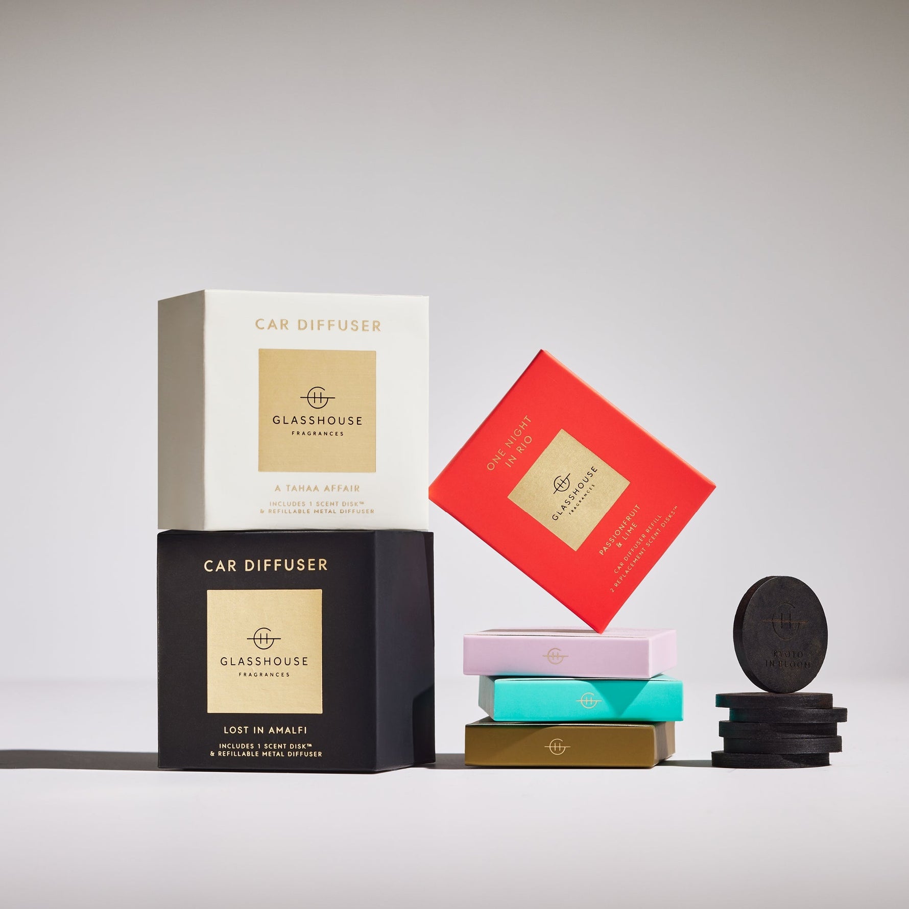 Glasshouse Fragrances car diffuser boxes and scent disk refills