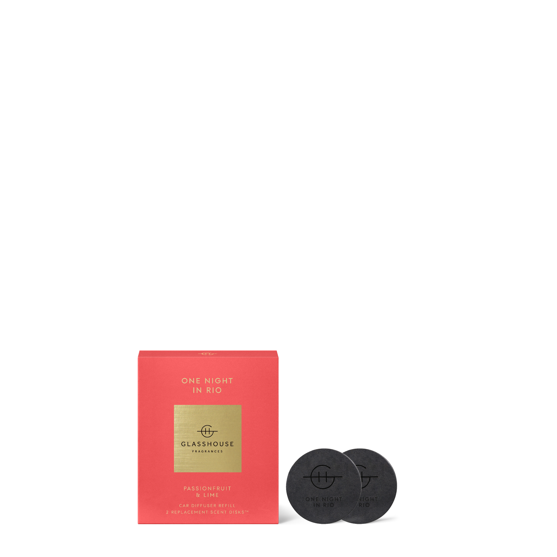 Glasshouse Fragrances One Night in Rio car diffuser refill box and two scent disks