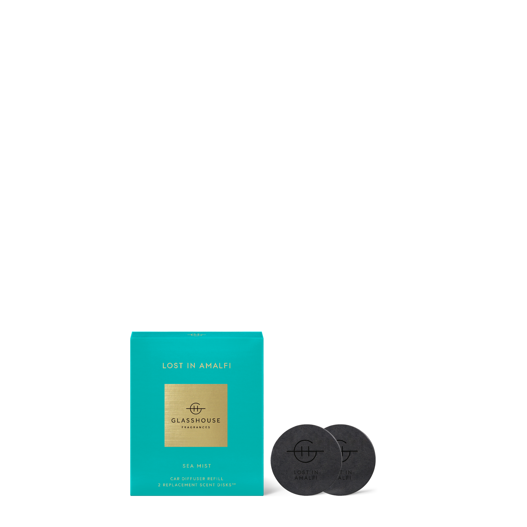 Lost in Amalfi car diffuser refill box and two black scent disks