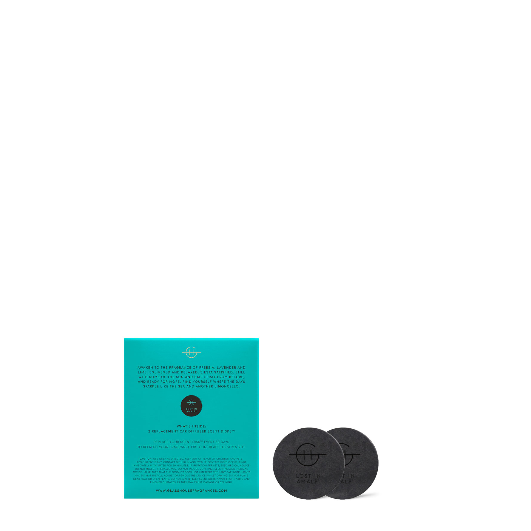 Two black car diffuser scent disks and a teal product box labeled Lost in Amalfi