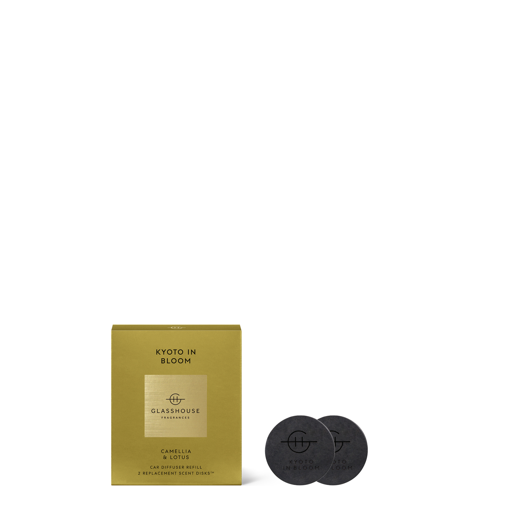 Glasshouse Fragrances Kyoto in Bloom car diffuser refill box and two black scent disks