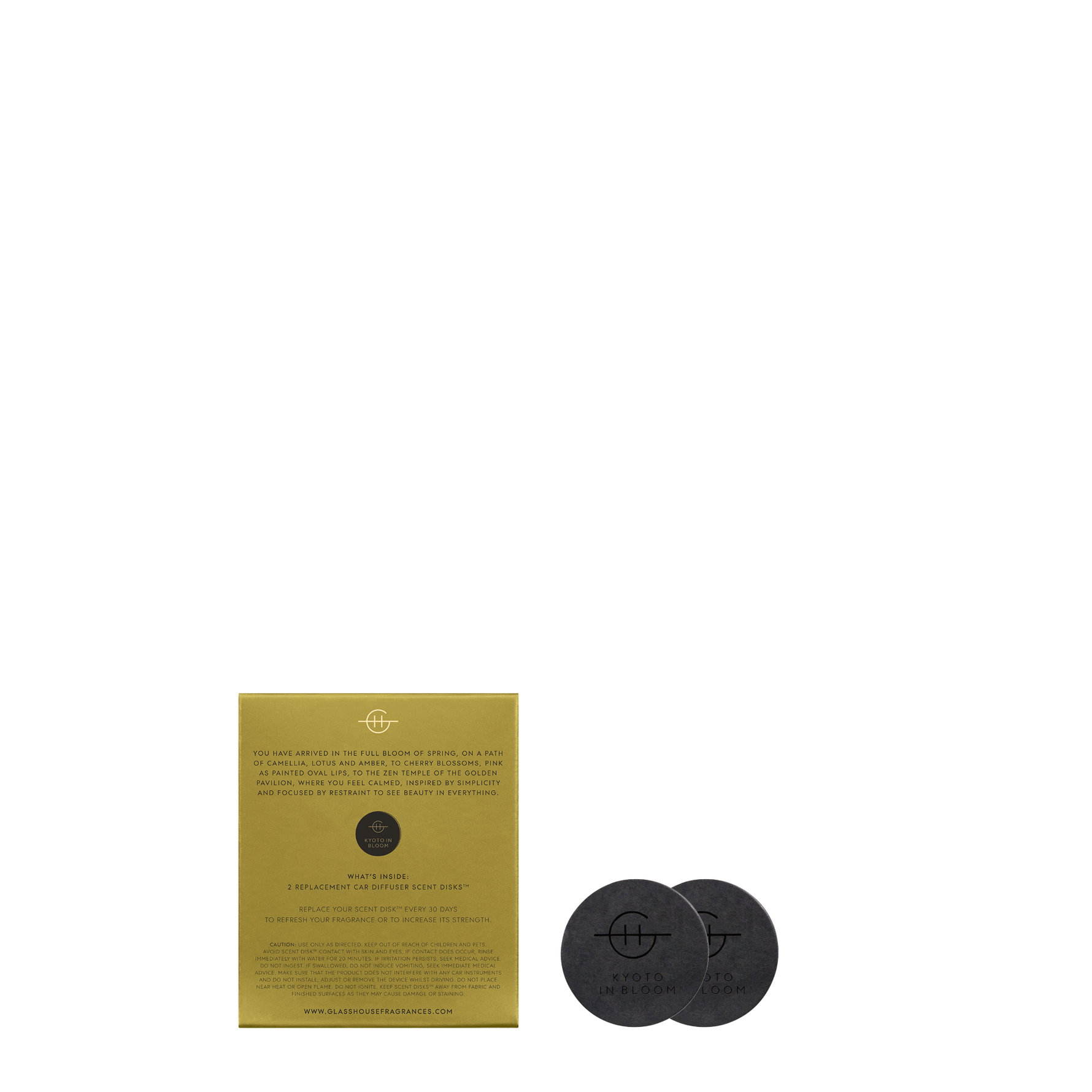 Kyoto in Bloom car diffuser scent disk packaging and two black scent disks