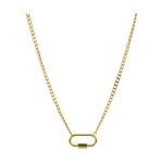 Yellow gold jewelry featuring a delicate curb chain and a polished oval carabiner lock pendant set against a minimalist white background