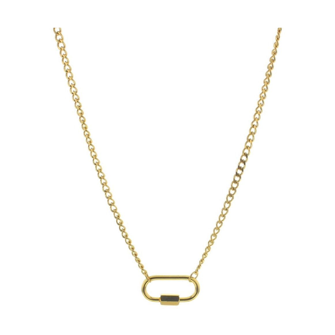 Yellow gold jewelry featuring a delicate curb chain and a polished oval carabiner lock pendant set against a minimalist white background