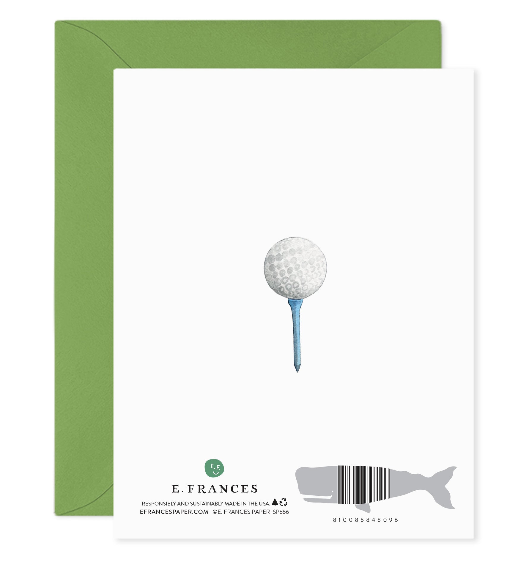 E. Frances paper greeting card displaying a watercolor illustration of a white dimpled golf ball on a light blue tee, set against a plain white background with a vibrant green envelope partially visible and E. Frances branding featuring a gray whale barcode
