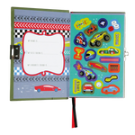 A vibrant children's race car themed lockable diary opened to display a gray left page featuring tire track patterns, a red sports car, and a white framed section for personal details, alongside a teal right page brimming with colorful racing vehicle stickers and trophies, completed with a visible silver lock mechanism