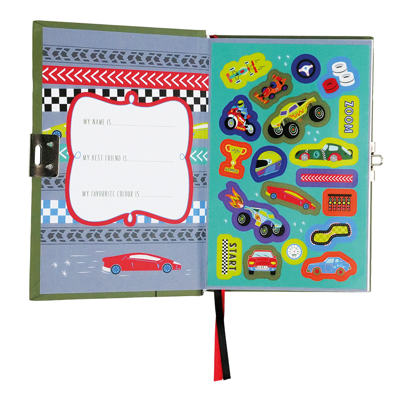 A vibrant children's race car themed lockable diary opened to display a gray left page featuring tire track patterns, a red sports car, and a white framed section for personal details, alongside a teal right page brimming with colorful racing vehicle stickers and trophies, completed with a visible silver lock mechanism