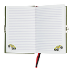 Product image of an open olive green hardcover diary featuring two lined pages with purple lines, a small yellow monster truck illustration in each bottom corner, a silver lock mechanism on the right side, and a red and black ribbon bookmark tucked inside