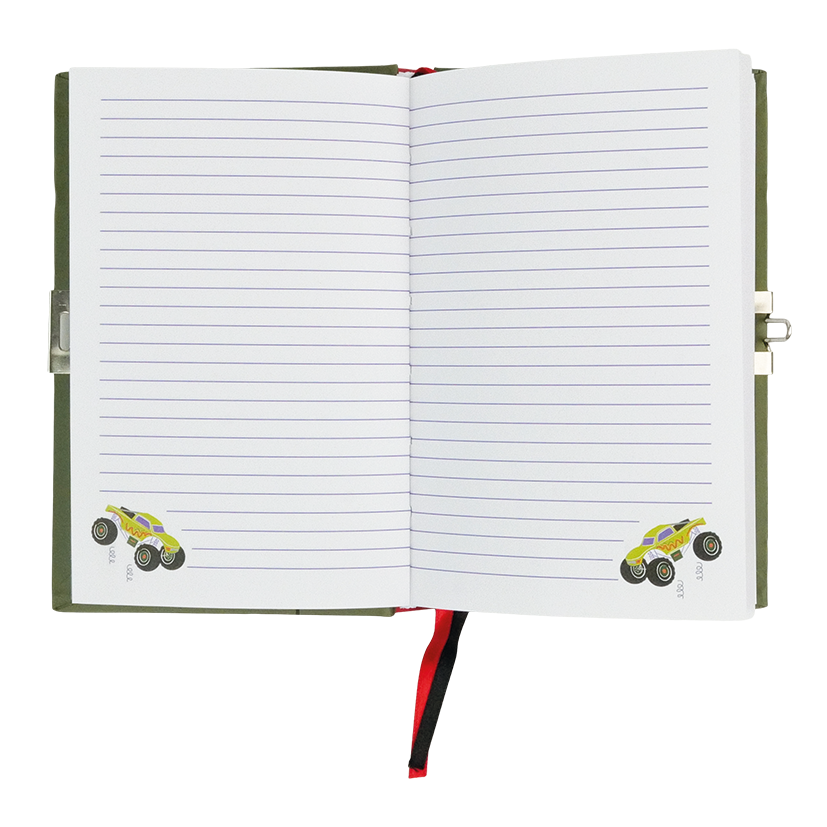 Product image of an open olive green hardcover diary featuring two lined pages with purple lines, a small yellow monster truck illustration in each bottom corner, a silver lock mechanism on the right side, and a red and black ribbon bookmark tucked inside