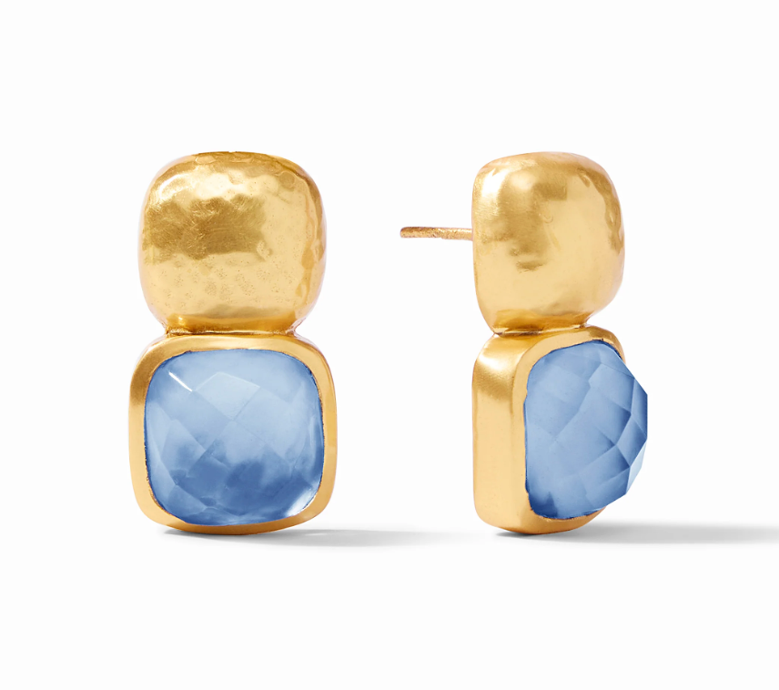 Gold stud earrings with hammered metal tops and square faceted blue chalcedony stones