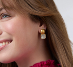 Woman wearing gold textured stud earrings with a square white stone drop