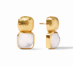 Gold hammered stud earrings with square white faceted stones