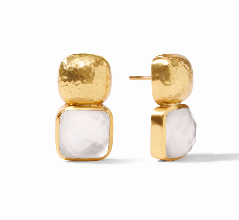 Gold hammered stud earrings with square white faceted stones