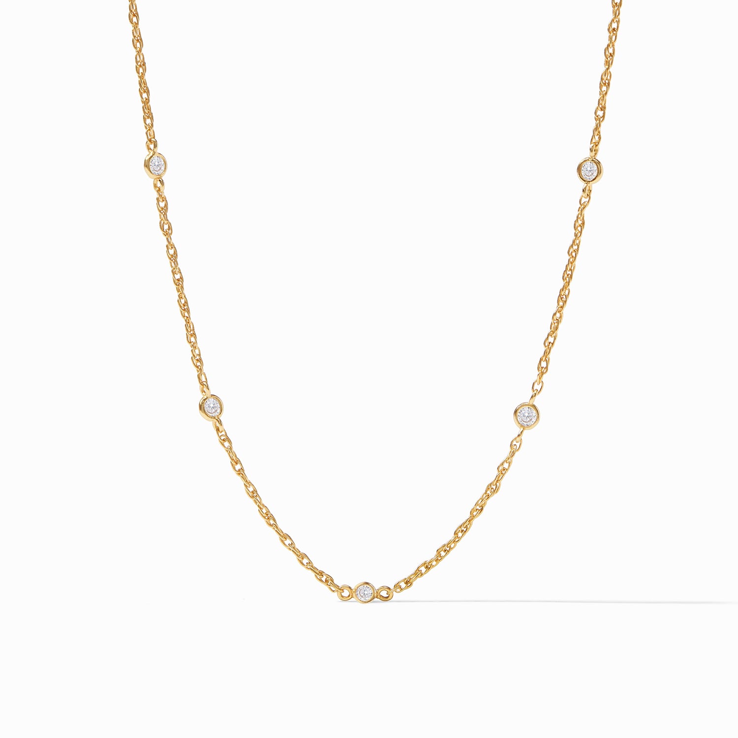 Gold chain necklace with five bezel set round diamonds