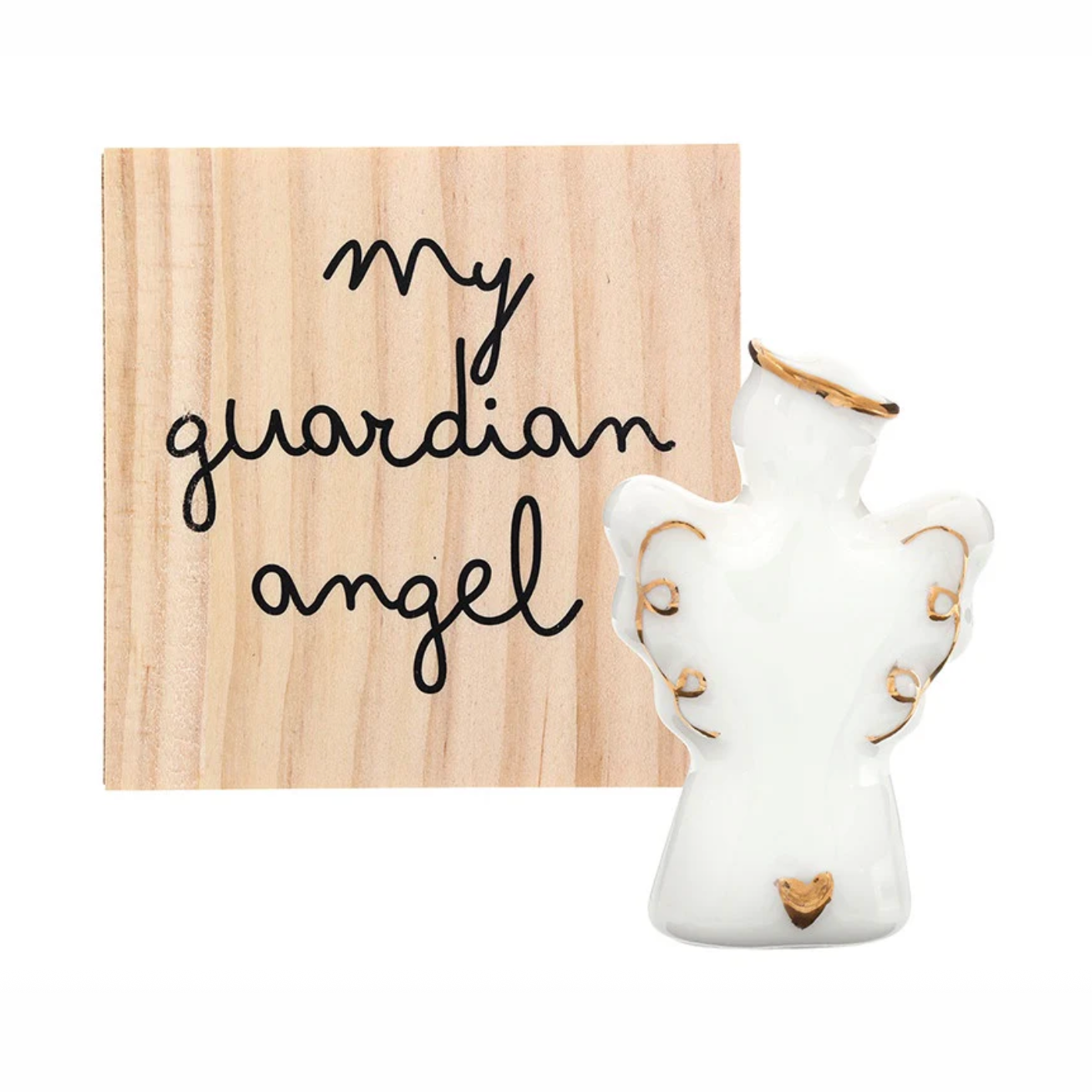 White ceramic angel figurine with gold halo and wing accents beside a light wood plaque inscribed with "my guardian angel" in black script, featuring a small gold heart on the angel's base