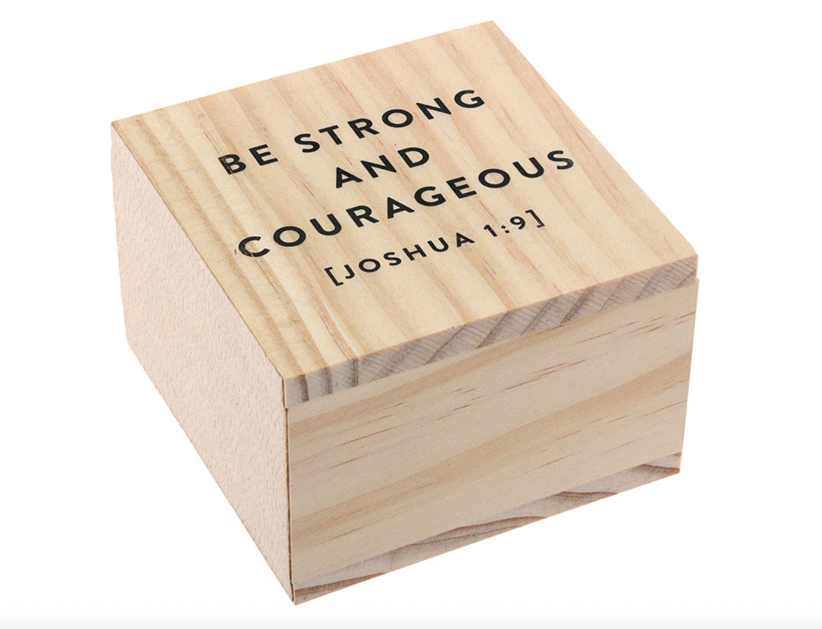 Small wooden box with the text Be Strong and Courageous Joshua 1 9 printed on the lid