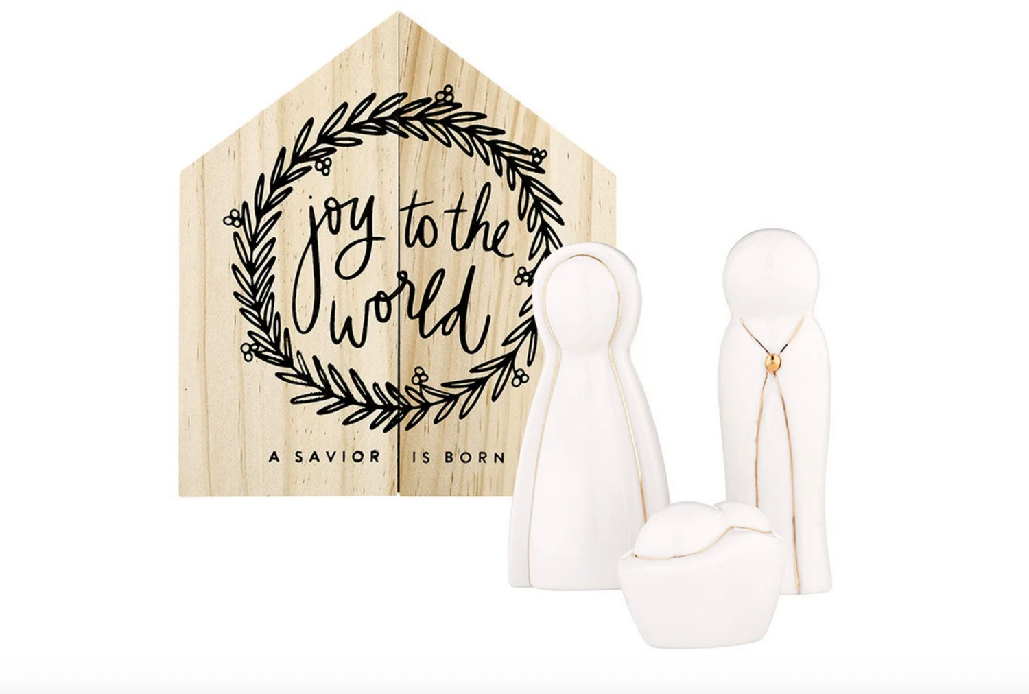 Nativity set with wooden house sign and white ceramic figurines of Mary Joseph and baby Jesus