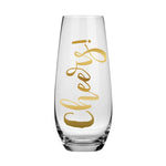Clear glass stemless champagne flute featuring bold gold script "Cheers!" lettering