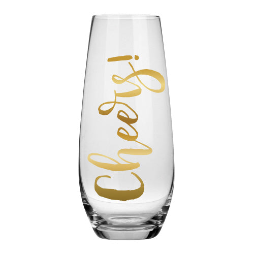 Stemless champagne flute with gold Cheers text