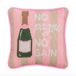Needlepoint pillow featuring pink and beige vertical stripes with a green champagne bottle graphic and white "NO PARTY NO GAIN" text, accented by bright pink piping