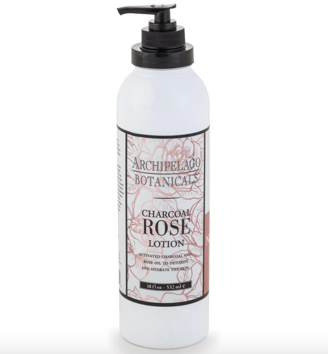White pump bottle of Archipelago Botanicals Charcoal Rose lotion