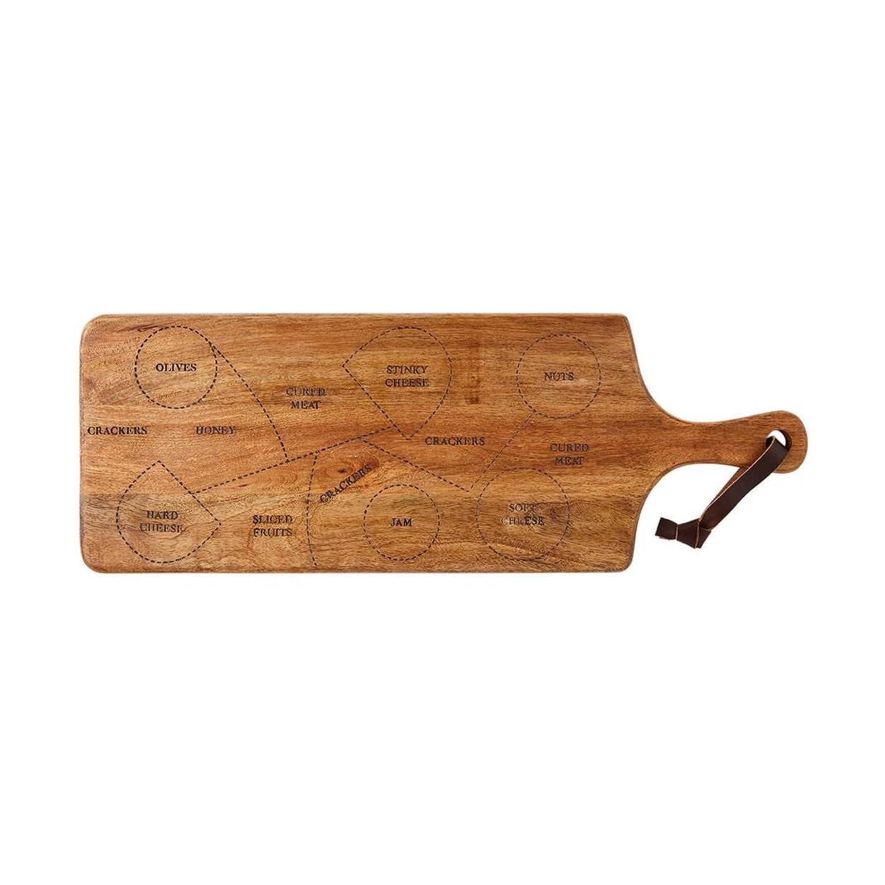 A paddle-style wooden charcuterie board features etched sections labeled 'STINKY CHEESE' 'OLIVES' and 'CRACKERS' with a brown leather handle strap