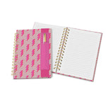 A vibrant pink lightning bolt patterned spiral-bound journal featuring a fuchsia pen holder with a gold pen, gold coils, and open lined pages