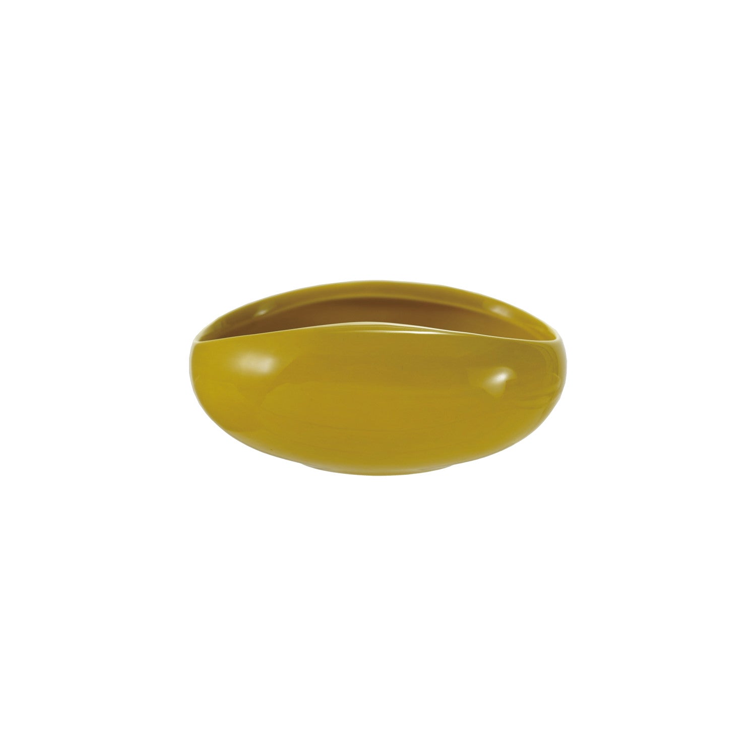 Glazed ceramic decorative bowl in a vibrant mustard yellow with a smooth glossy finish and an asymmetric organic shape