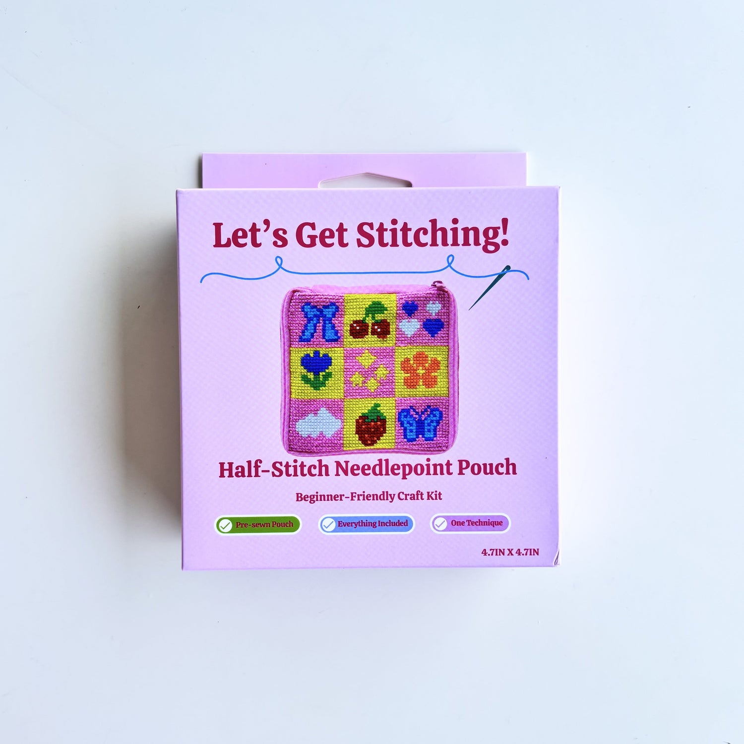 Let's Get Stitching half-stitch needlepoint pouch craft kit box