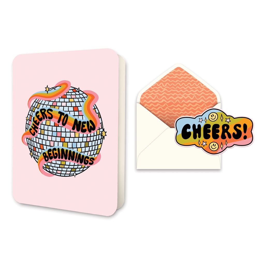 Greeting card with disco ball graphic and matching envelope with Cheers sticker