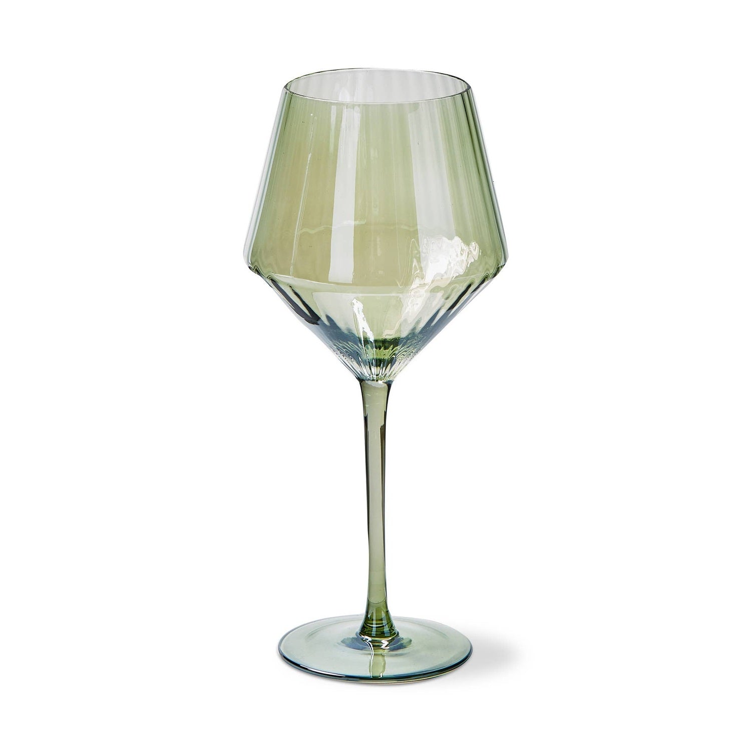 Muted olive green glass wine goblet featuring a distinctive geometric faceted bowl and long slender stem isolated on a white background