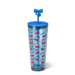 Plastic reusable tumbler by Swig Life on a white background featuring a red cherry and blue ribbon pattern, a solid blue lid, and a unique three-dimensional blue bow straw topper