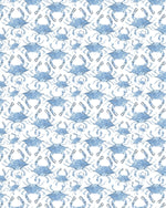 Digital watercolor pattern featuring a repeating design of various sized blue crabs rendered in shades of azure and indigo on a clean white background
