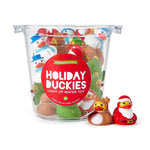 Product photography by Cupcakes & Cartwheels a clear plastic tub filled with assorted holiday rubber ducks on a white background featuring a red Holiday Duckies light up water toy label a brown reindeer duck and a red Santa duck sitting in front with snowman and Christmas tree ducks visible inside