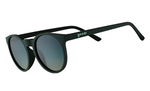 Product image of Goodr sunglasses with matte black frames, round iridescent blue-green mirrored lenses, and a white goodr logo on the temple