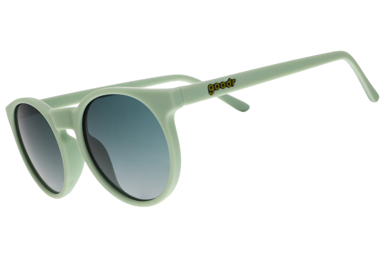 goodr sunglasses with mint green frames, round dark gradient lenses, and a yellow goodr logo on the temple