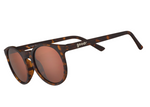 Goodr sunglasses with a brown tortoise shell frame, reflective rose gold lenses, the white Goodr logo on the temple, and 'Fake Dollar Pour' inscribed inside