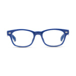 Studio shot of bright blue plastic Wayfarer-style eyeglasses with clear lenses and silver pin details on the hinges against a crisp white background