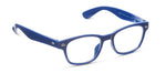 A pair of vibrant royal blue plastic reading glasses featuring clear non-prescription lenses, silver oval pin accents, and the inscription 2486 Clark Focus +0.00 on the inner temple