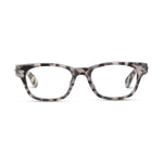 A pair of light grey and brown mottled tortoiseshell eyeglasses with retro rectangular frames and silver temple pins on a white background