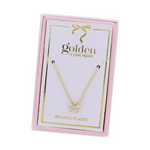 Jewelry by Golden by Jane Marie 18K gold plated necklace featuring a sparkling pavé rhinestone bow pendant displayed in a pink and white gift box with a golden ribbon graphic and 18K GOLD PLATED text