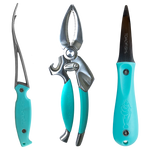 Toadfish product photography of three vibrant teal-handled seafood tools, including a shrimp cleaner, crab cracker, and oyster knife, prominently displaying the Toadfish logo and an embossed fish design