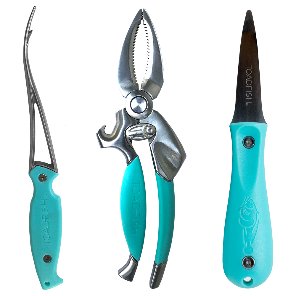 Toadfish product photography of three vibrant teal-handled seafood tools, including a shrimp cleaner, crab cracker, and oyster knife, prominently displaying the Toadfish logo and an embossed fish design
