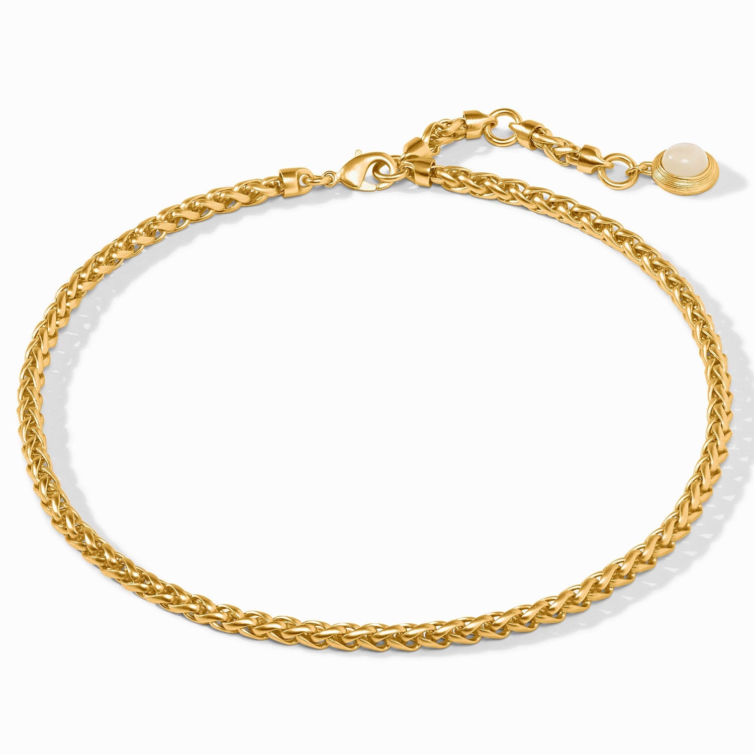 Gold tone wheat chain necklace with lobster clasp and pearl charm